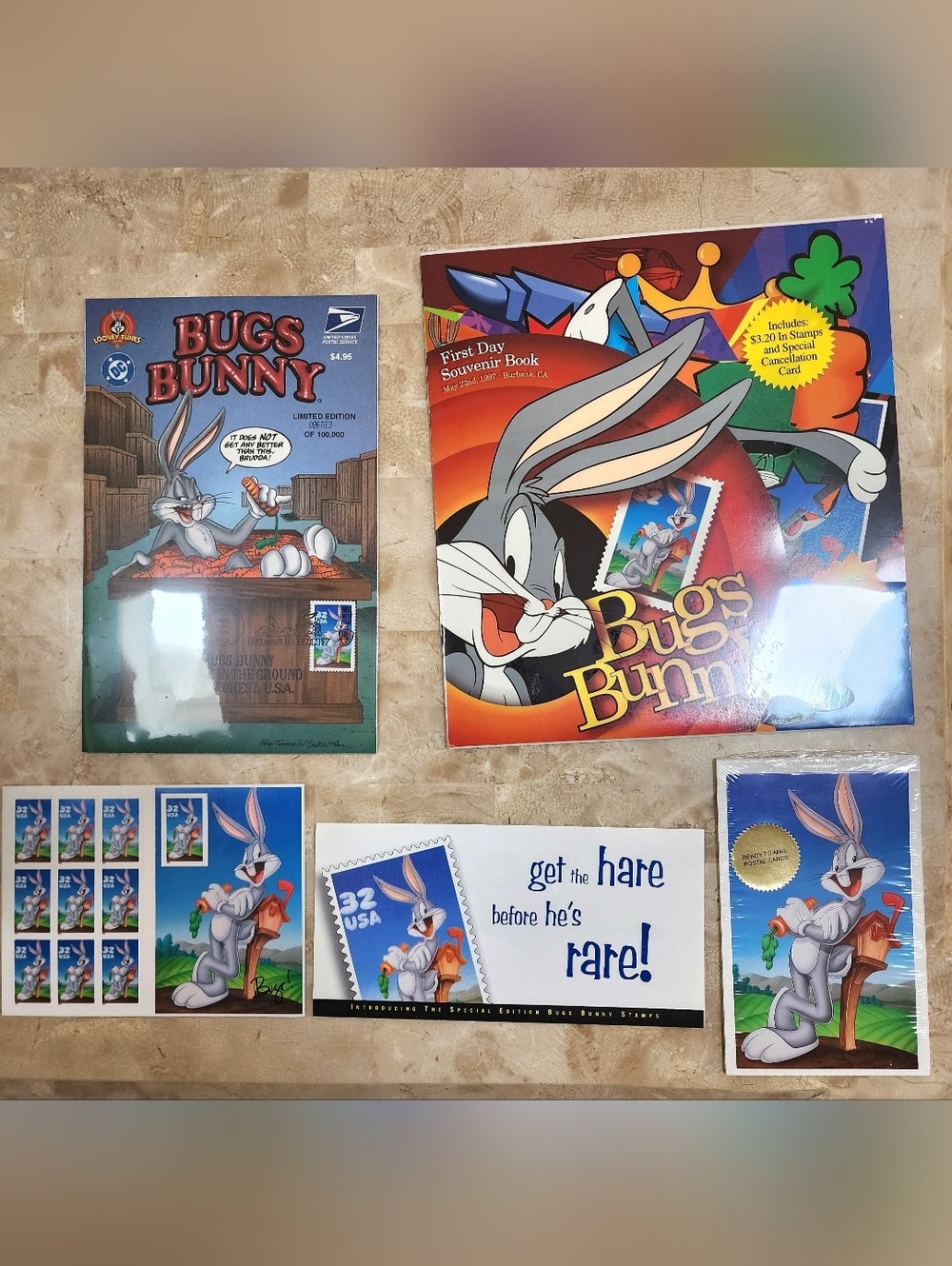 USPS Sealed Bugs Bunny Comic Book, Souvenir Book, 10 pk Postcards, Stamp Sheet